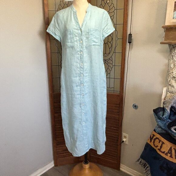 Pure Navy Linen Teal Button Down Midi Shirt Dress Pockets Beachy Coastal Size S - Picture 2 of 14